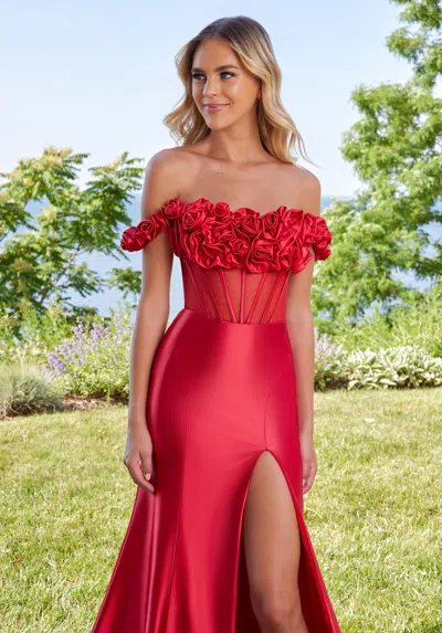 Morilee Prom 49171 Long Formal Prom Slit Floral Dress In Red