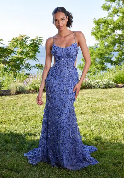 Morilee Prom 49184 Long Floral Beaded Fit Formal Prom Dress In Blue