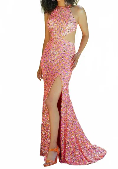 Morilee Sleeveless Halter High Neck Gown In Starburst In Pink