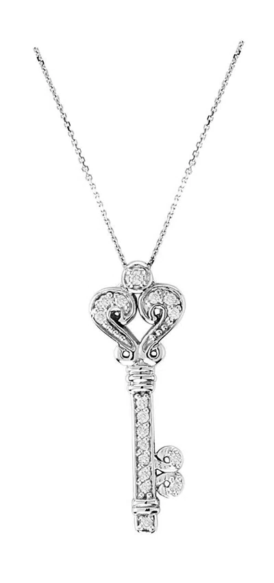 Pre-owned Morris 0.25 Carat Natural Diamond Key Necklace Pendant 14k White Gold 18'' Chain