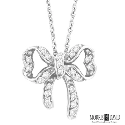 Pre-owned Morris 0.26 Carat Natural Diamond Bow Necklace Pendant 14k White Gold