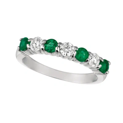 Pre-owned Morris 1.45 Carat Natural Diamond & Emerald 7 Stone Ring Band 14k White Gold In Green