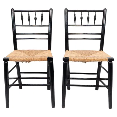 Pre-owned Morris & Co. Morris & Co Attr To Philip Webb. Aesthetic Movement Pair Rush Seat Sussex Chairs In Black