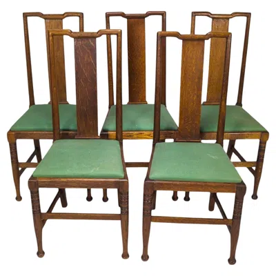 Pre-owned Morris & Co. Five Arts & Crafts Oak Dining Chairs, Designed In Shaw's Offices In Brown