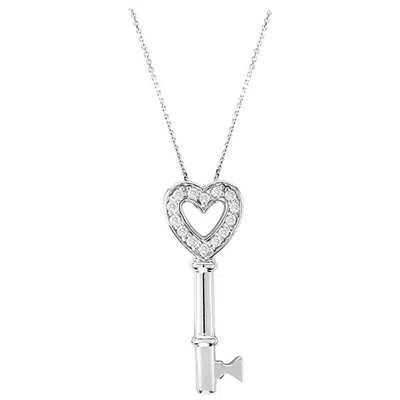 Pre-owned Morris & David 0.15 Carat Natural Diamond Key Necklace Pendant 14 Karat White Gold Chain