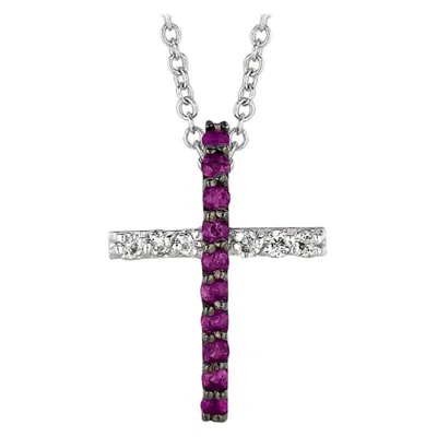 Pre-owned Morris & David 0.25 Carat Pink Sapphire And Diamond Cross Necklace 14 Karat White Gold