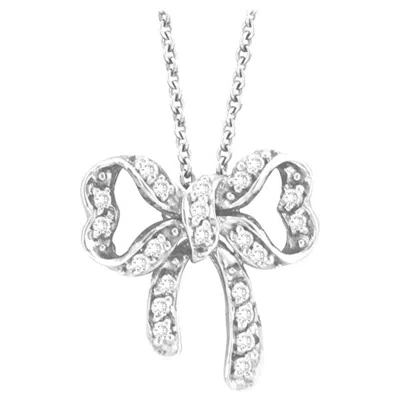 Pre-owned Morris & David 0.26 Carat Natural Diamond Bow Necklace Pendant 14k White Gold
