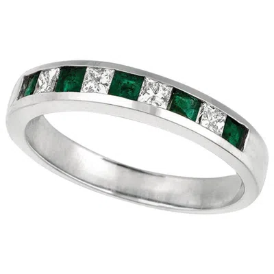 Pre-owned Morris & David 0.60 Carat Natural Diamond And Emerald Ring Band 14 Karat White Gold