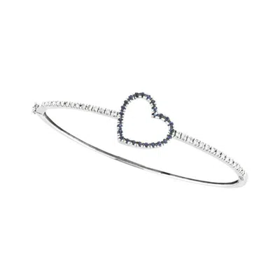 Pre-owned Morris & David 1.00 Carat Natural Sapphire And Diamond Heart Bangle Bracelet 14k White Gold