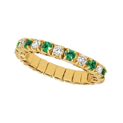 Pre-owned Morris & David 1.55 Carat Natural Diamond & Emerald Stretch Eternity Band Ring 14k Yellow Gold