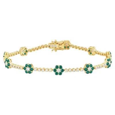 Pre-owned Morris & David 2.53 Carat Natural Diamond And Emerald Flower Bracelet 14k Yellow Gold