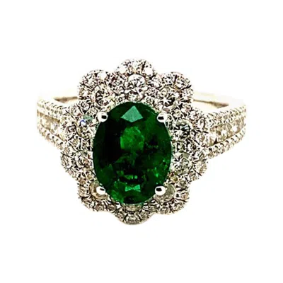 Pre-owned Morris & David 3.20 Carat Natural Oval Emerald And Diamond Ring 18 Karat White Gold