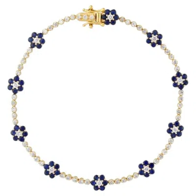 Pre-owned Morris & David 3.31 Carat Natural Diamond And Sapphire Flower Bracelet 14k Yellow Gold