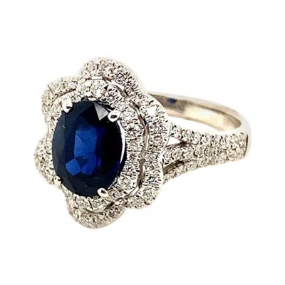Pre-owned Morris & David 3.35 Carat Natural Oval Sapphire And Diamond Ring 18 Karat White Gold