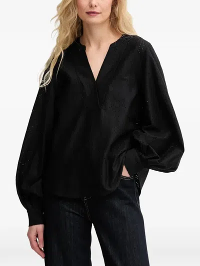 Mos Mosh Balloon-sleeve V-neck Blouse In Black