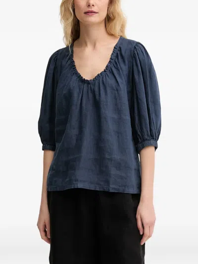 Mos Mosh Gathered V-neck Blouse In Blue