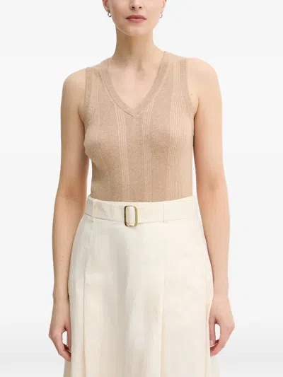Mos Mosh Mmrelena Tani Ribbed-knit V-neck Top In Neutrals