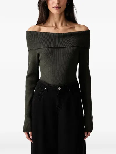 Mos Mosh Off-shoulder Ribbed-knit Sweater In 绿色