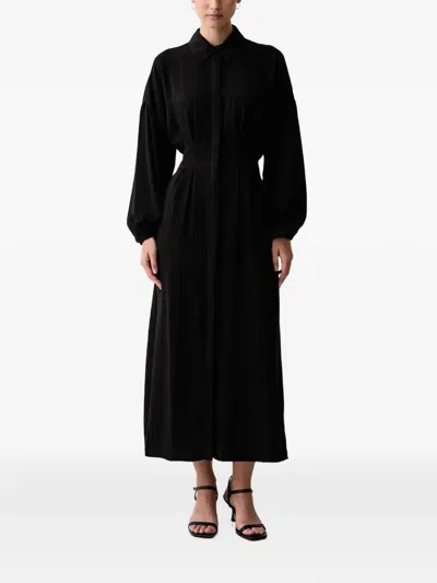 Mos Mosh Pleated-waist Long-sleeve Maxi Dress In 블랙