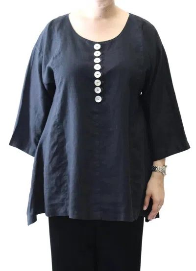 Mosaic Scoop Neck Button Linen Top In Black In Blue