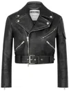 Moschino Cropped Biker Jacket In Heavy Nappa Leather In 黑色