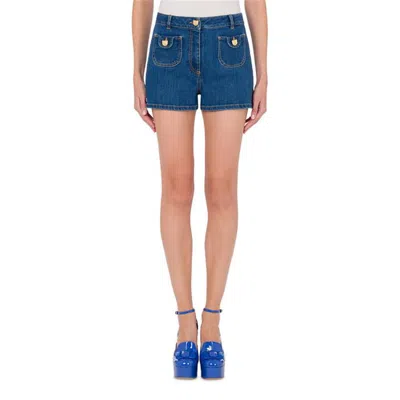 Moschino High-waisted Denim Shorts With Gold-tone Accents In Blue