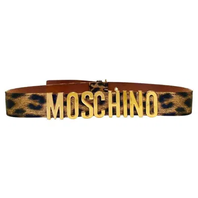 Pre-owned Moschino 1980s  By Redwall Gold Letters Animal Leopard Print Belt In Brown