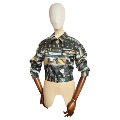 Pre-owned Moschino 1990's Loud  Cassette Tape Music Print Cropped Satin Jacket In Brown