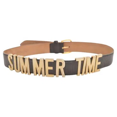 Pre-owned Moschino 1990's  Vintage 'summer Time' Gold Letter Black Leather Waist Belt