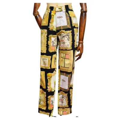 Pre-owned Moschino 1990's Vintage Baroque Frame Pattern Print High Waisted Jeans In Beige