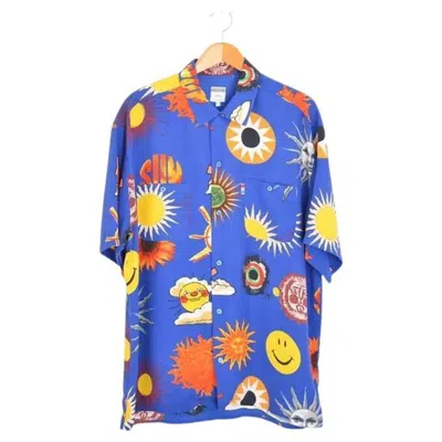 Pre-owned Moschino 1990's Vintage  Smiley Rave Face & Suns Pattern Short Sleeve Blue Shirt
