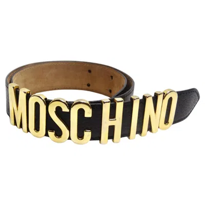Pre-owned Moschino 1990s Gold Tone Logo Black Leather Belt