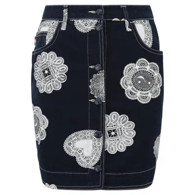 Pre-owned Moschino 1990s  Denim And Doily Novelty Print Mini Skirt In Black