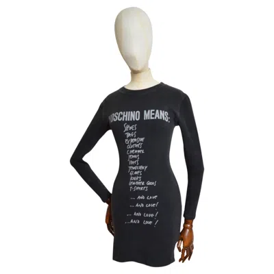 Pre-owned Moschino 1990s  List Slogan Fun Graphic Little Black Long Sleeve Micro Mini Dress