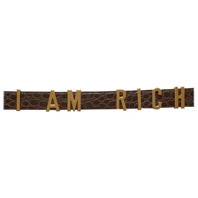 Pre-owned Moschino 1990s  Redwall Belt I Am Rich In Gold Letters On Brown Embossed Leather