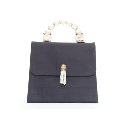 Pre-owned Moschino 1990s Vintage Raw Silk Pearl Gold Handle Tassel Flap Top Handle Bag In Black