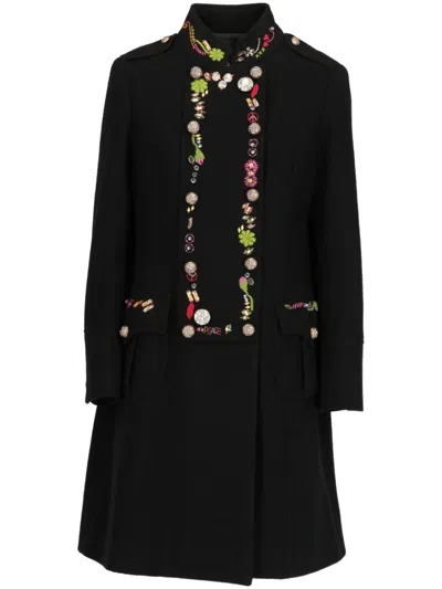 Pre-owned Moschino 2000 Floral-embroidered Coat In Black