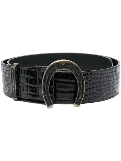 Pre-owned Moschino 2000 Horseshoe Crocodile-effect Leather Belt In Black