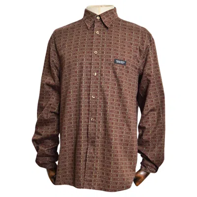 Pre-owned Moschino 2000's  Khaki Burgundy Repeat Logo Print Long Sleeve Pattern Shirt In Red