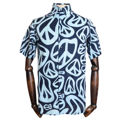 Pre-owned Moschino 2000's Vintage  Blue Cotton Peace Symbol Short Sleeve Ibiza Shirt