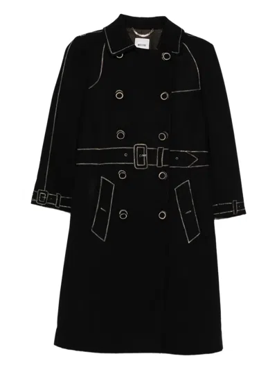 Pre-owned Moschino 2000s Contrast-stitching Wool Coat In Black