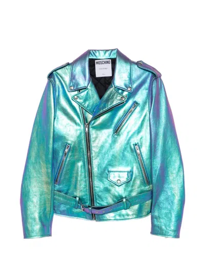 Pre-owned Moschino 2010s Metallic Biker Jacket In Blue
