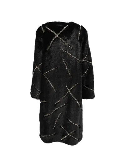 Pre-owned Moschino 2016 Chain-embellished Faux-fur Coat In Black