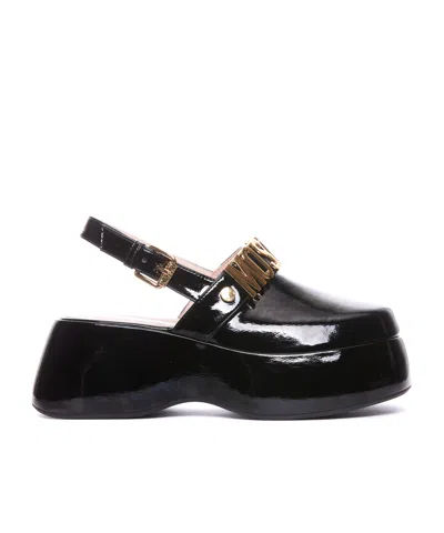 Moschino 65mm Logo-lettering Patent Platform Pumps In Black