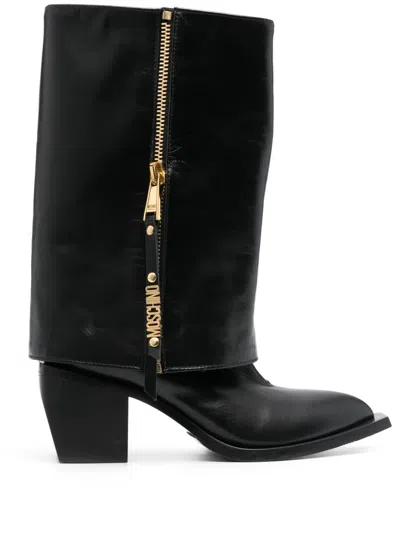 Moschino 70mm Foldover Leather Cowboy Boots In Black