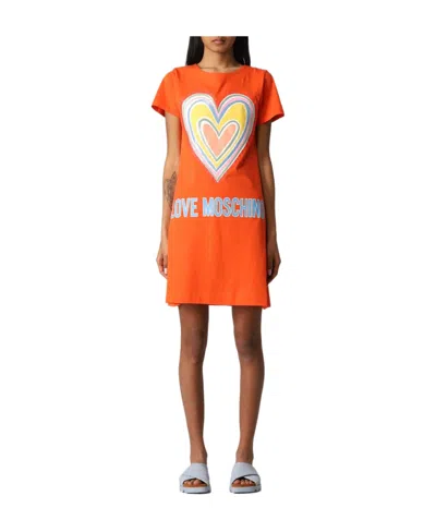 Moschino A Slim Dress With Short Sleeves In Printed Pattern In Orange