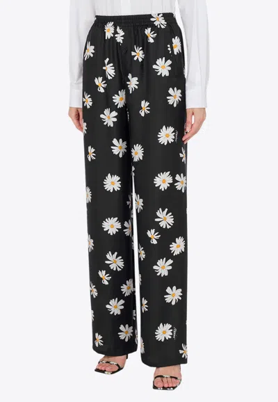 Moschino Black Silk Twill Allover Daisy Trousers In Multi