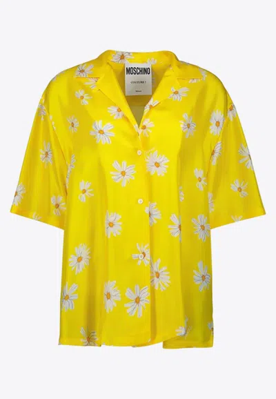 Moschino All-over Daisy Print Silk Twill Shirt In Yellow