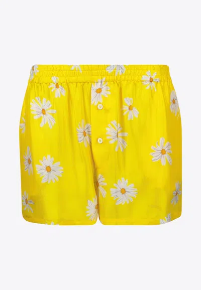 Moschino All-over Daisy Print Silk Twill Shorts In Yellow