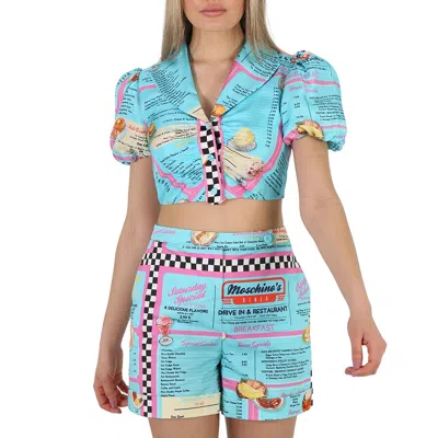 Moschino All-over Diner Menu Print Cropped Silk Blouse In Blue